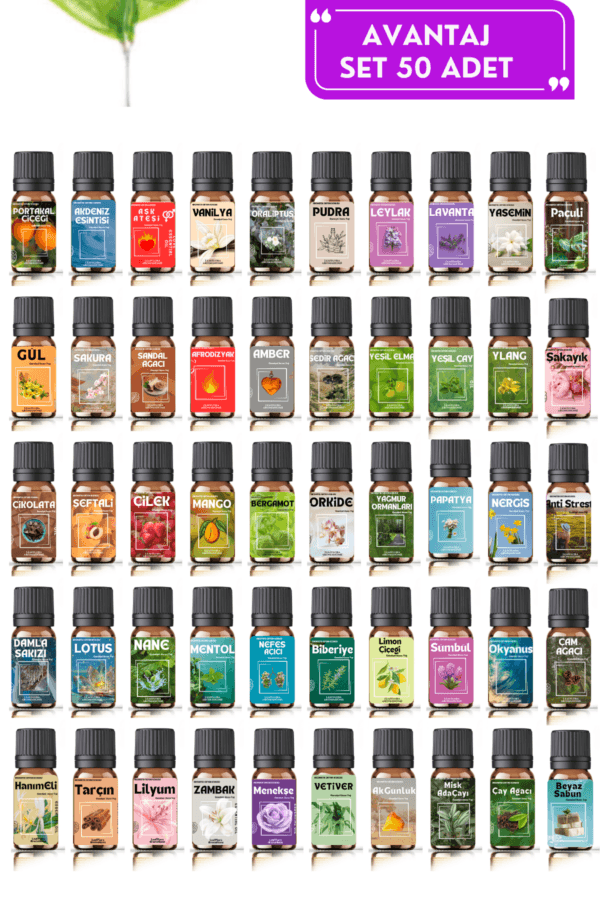 Görsel Başlığı: Mega Set – 50 Adet x 10 ML Esansiyel Uçucu Yağ Seti Mega Set 50 adet x 10 ML esansiyel uçucu yağ seti çiçeksi meyvemsi ferah odunsu ve aromatik koku çeşitleri