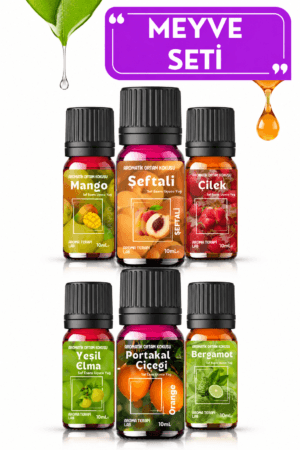 Meyve Seti Mango Şeftali Çilek Yeşil Elma Portakal Çiçeği Bergamot 6 adet x 10 ML esansiyel uçucu yağ seti